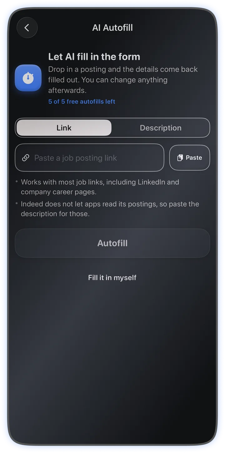 The AI Autofill screen with a field for a job posting link and a paste button.