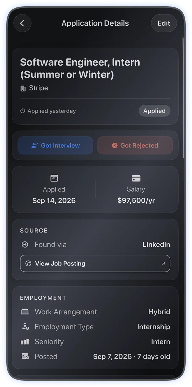 An application detail screen for a Stripe internship with salary, source, work arrangement and posting age.