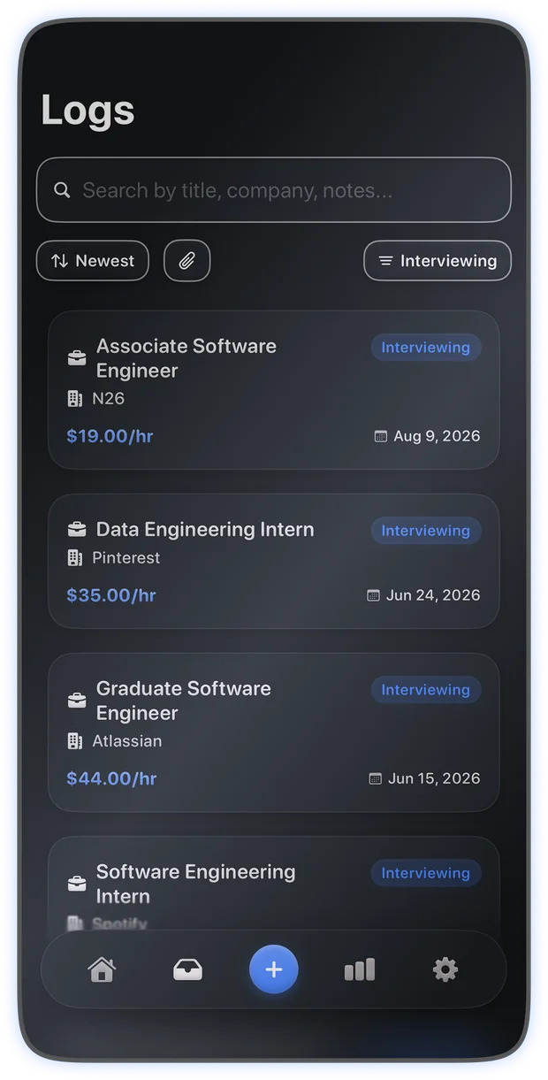The Logs tab filtered to interviewing, showing four applications with salaries and dates.