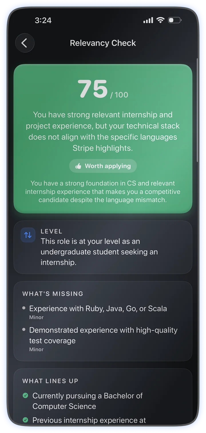 A relevancy check scoring 75 out of 100 and marked Worth applying, with what lines up and what is missing.